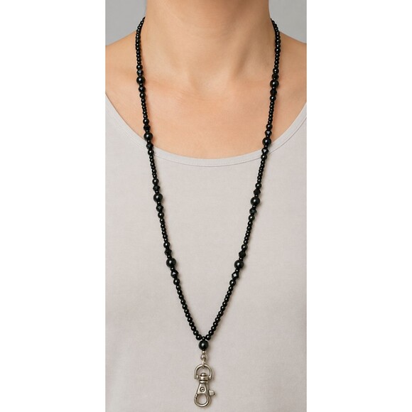 Unbranded Accessories - Black Beaded ID Badge Holder Lanyard 32 Inch Magnetic Clasp Swivel Clip